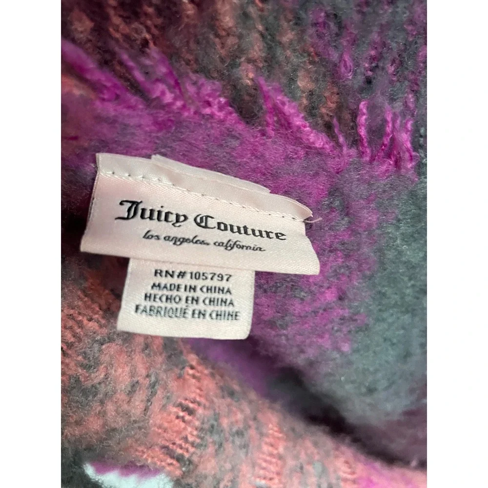 Juicy Couture Plaid Fringe Blanket Scarf Cozy‎ Soft Purple Pink Gray One Size